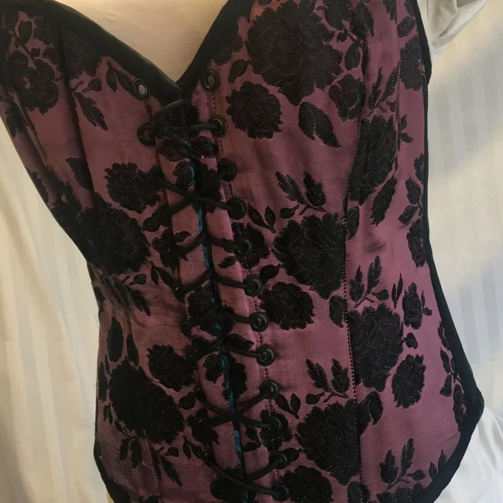 Brocade Reversible Blue Purple Steel Boned Waist Training Shaper Corset Sz Lg - Picture 7 of 16